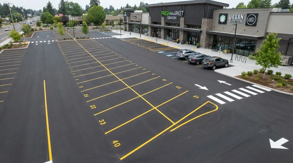 Freshly paved commercial parking lot ready for striping