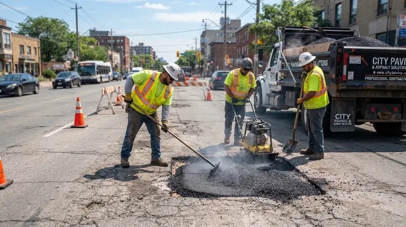 Asphalt repair crew patching a damaged area with hot asphalt