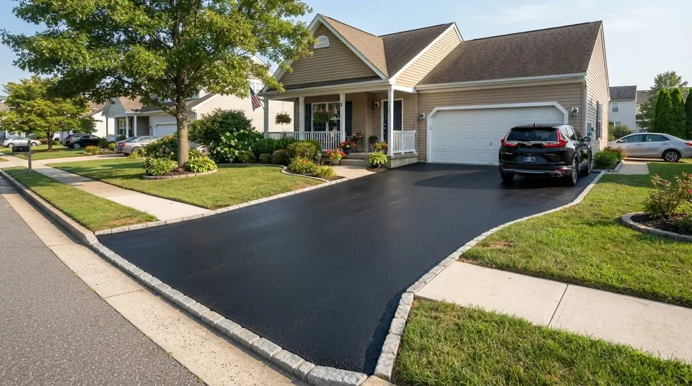Completed residential asphalt driveway with clean finished edges