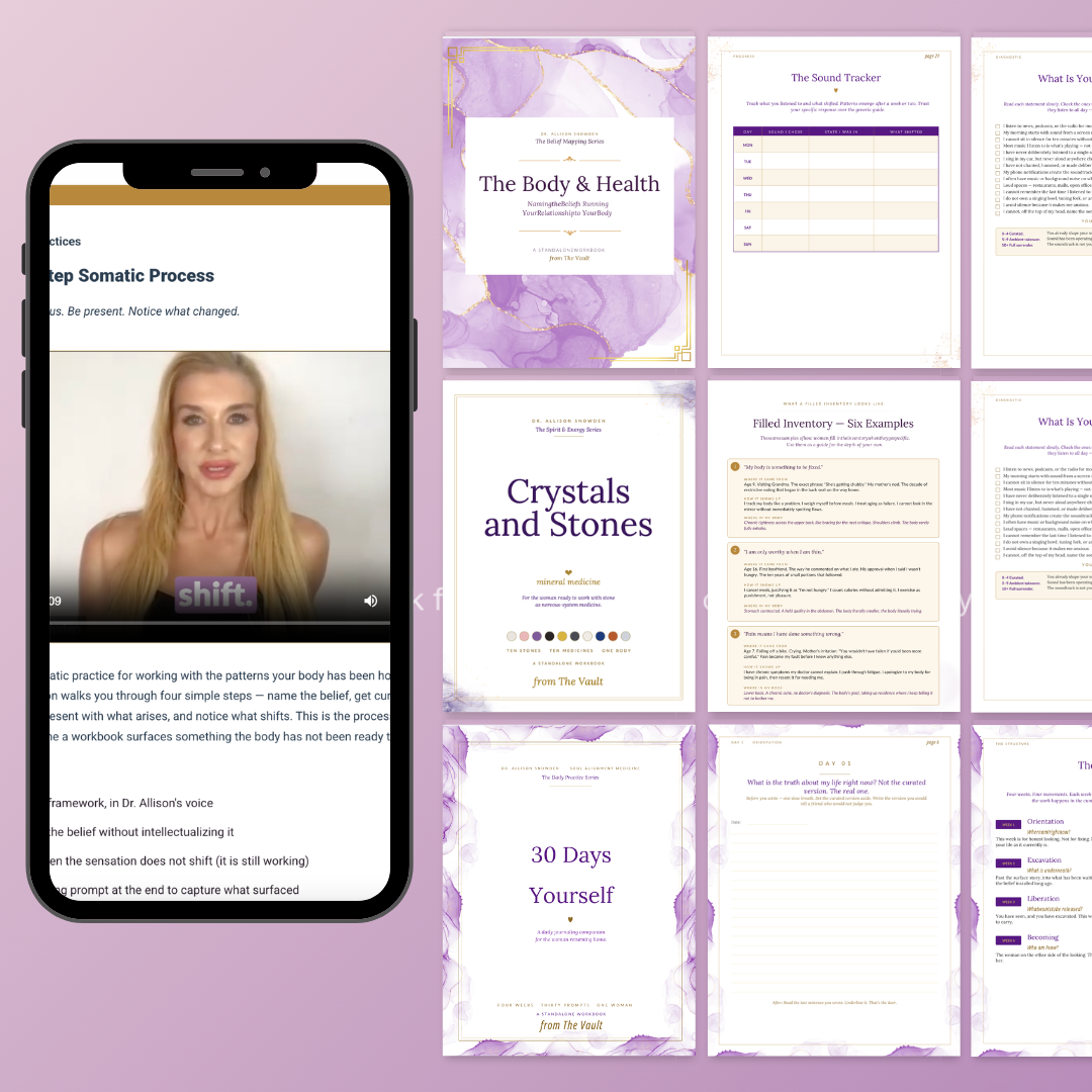 Inside The Vault — workbook covers, tracker pages, somatic videos, and guided practices