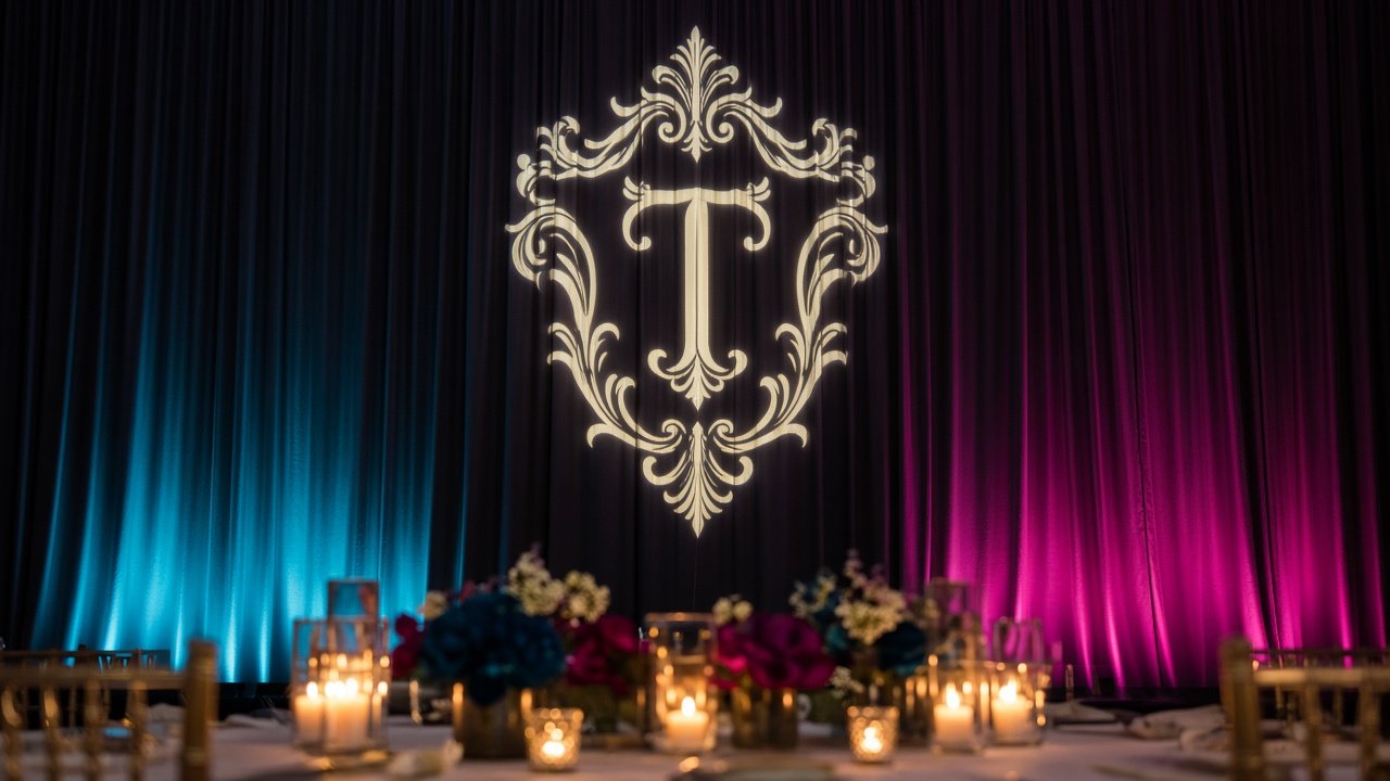 Custom monogram projected on a reception wall