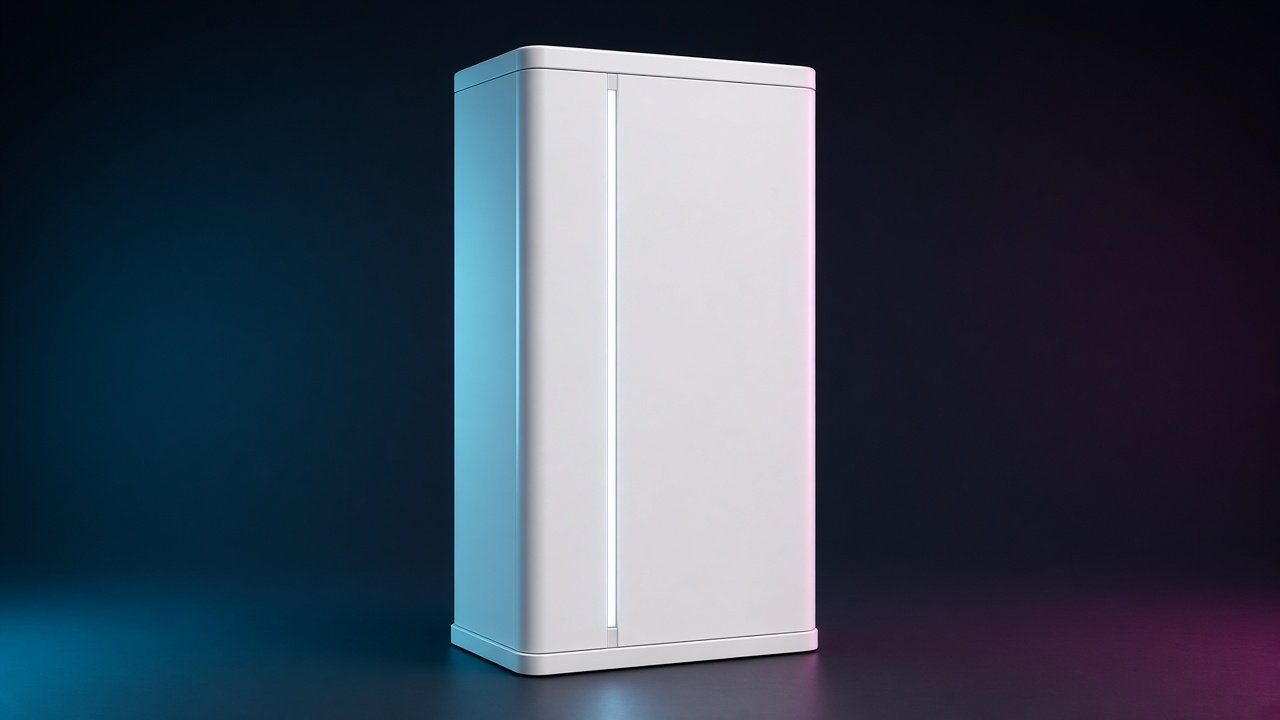 Sleek white digital photo booth kiosk with a vertical light stripe