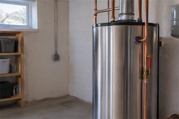 Newly installed stainless steel residential water heater with copper supply lines in a basement utility area