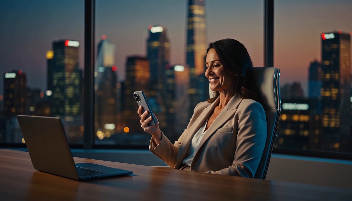 A founder smiling at her phone in a glass office at dusk