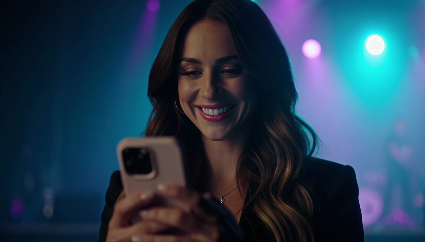 A performer backstage reading fan messages on her phone