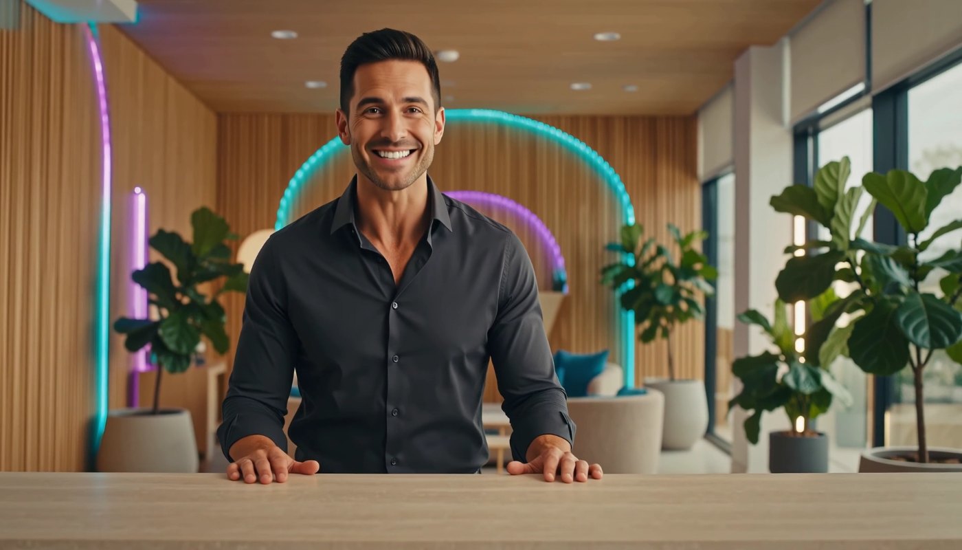 A clinic owner smiling at a modern reception desk