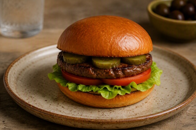 Toasted burger with lettuce, tomato, pickles and onion