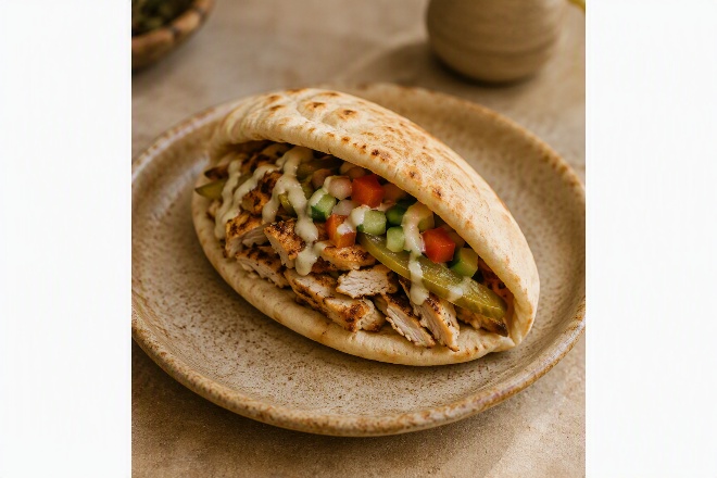 Warm pita filled with chicken and fresh vegetables