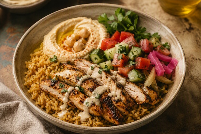 Mediterranean bowl with grilled chicken, rice, hummus and vegetables
