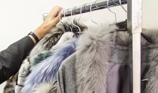 Hand browsing fur coats with large fur collars on a showroom rack