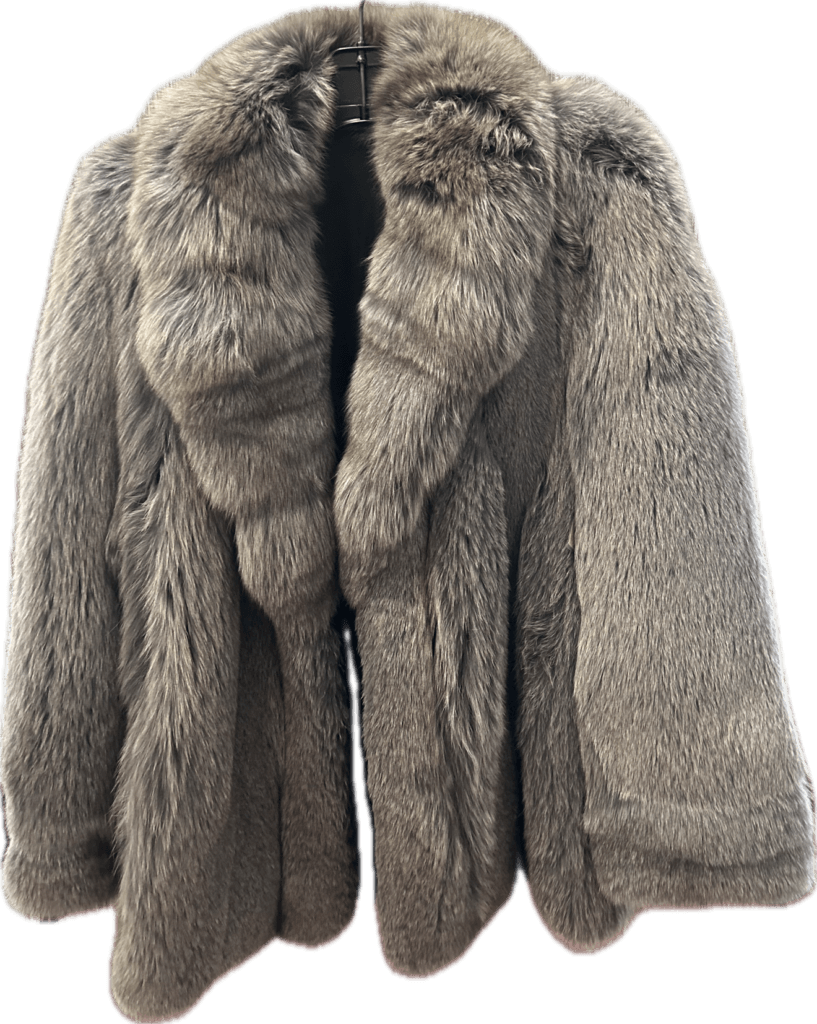 Grey long-hair fur jacket with a wide shawl collar