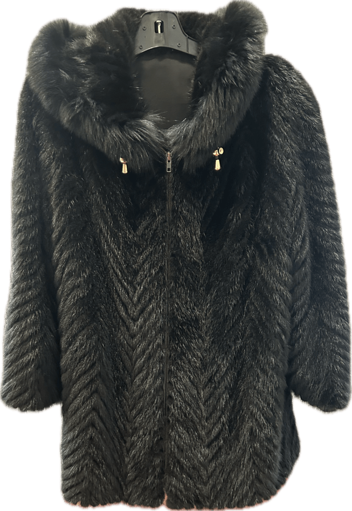 Black sheared fur coat with a chevron pattern and hood