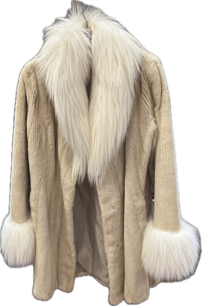 Beige sheared fur coat with white fur collar and cuffs