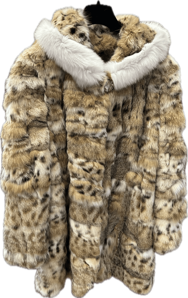 Spotted long-hair fur coat with a white fur hood