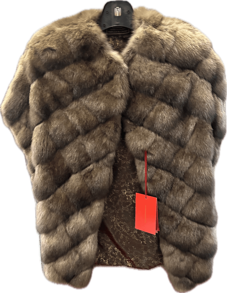 Brown and tan fur jacket worked in horizontal bands