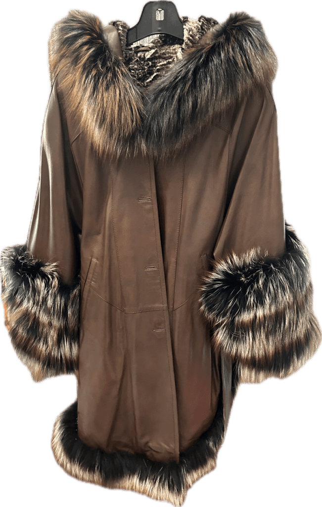 Brown hooded cape with silver-tipped fur trim