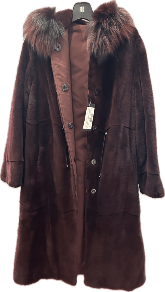 Long burgundy fur coat with a dark fur collar