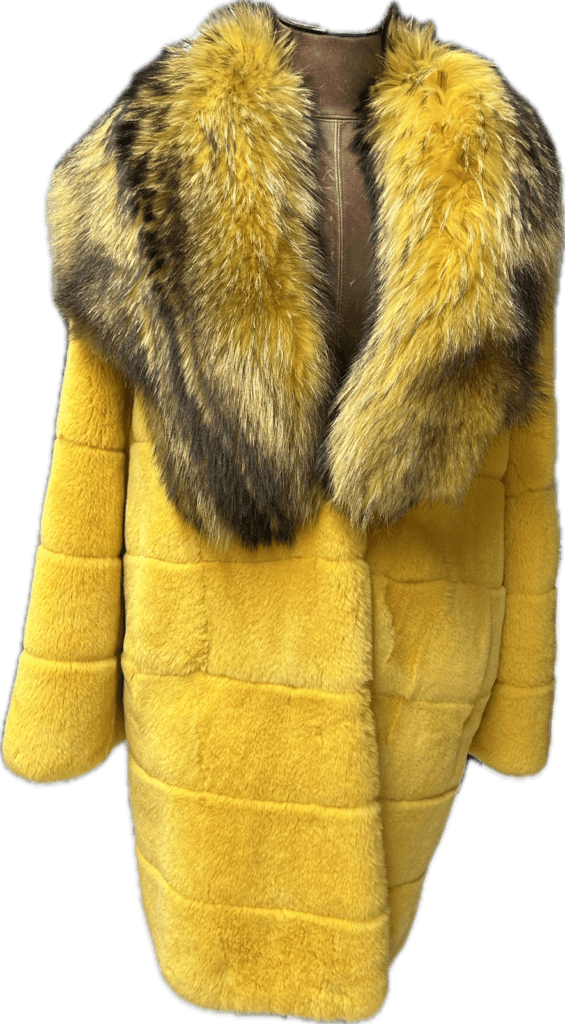 Yellow sheared fur coat with a golden long-hair fur collar