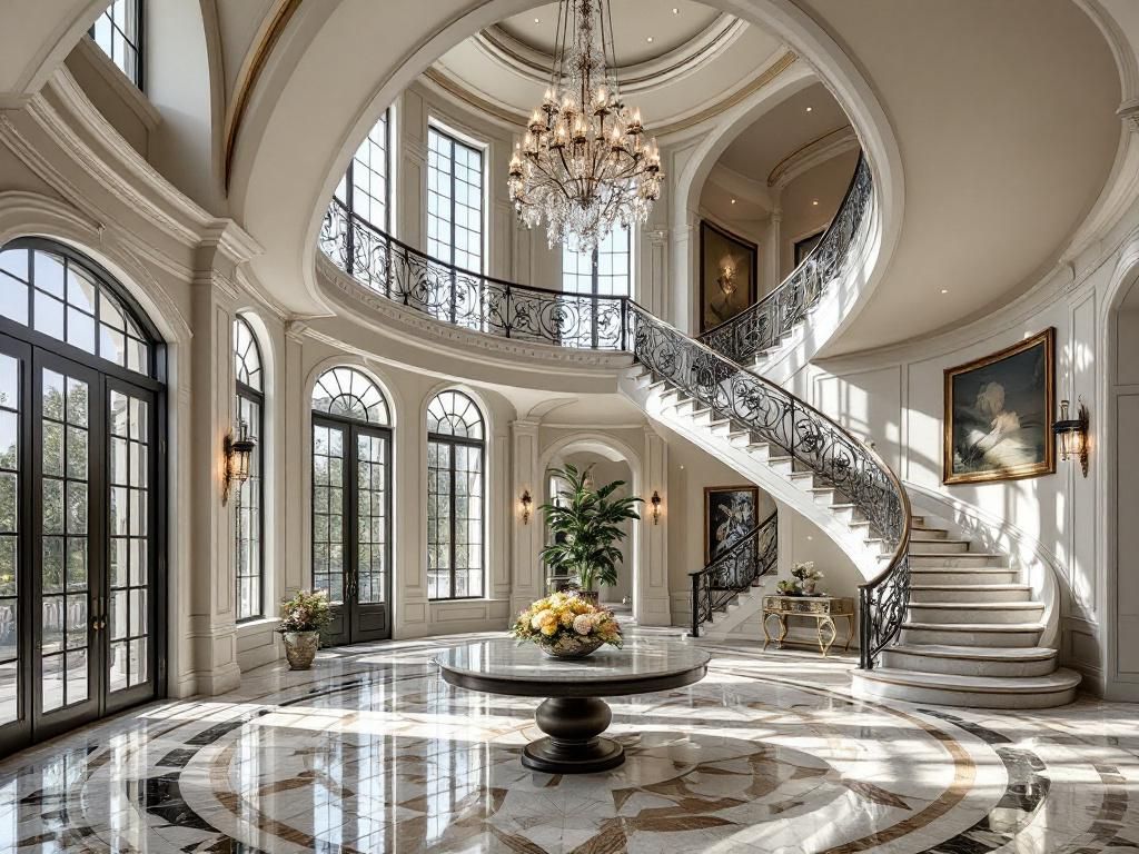 Elegant luxury home foyer with marble floors and chandelier