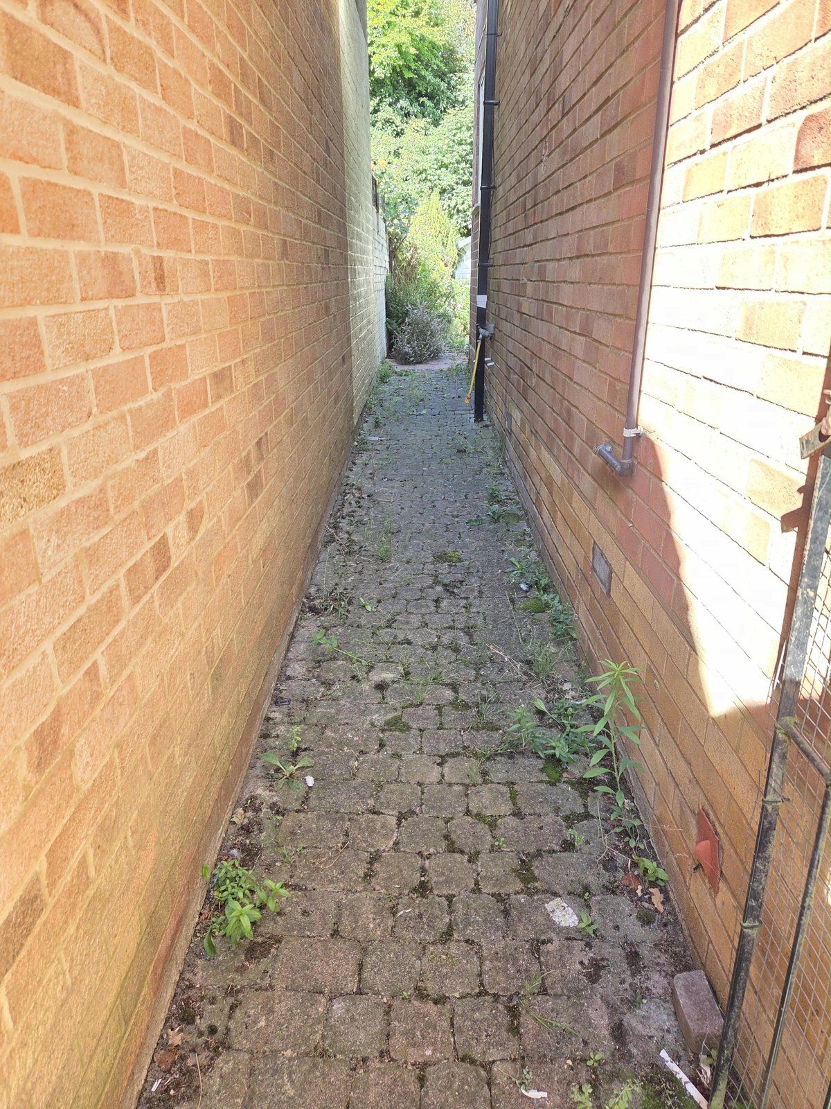 Narrow side alley of tumbled block paving overgrown with weeds and moss in the joints