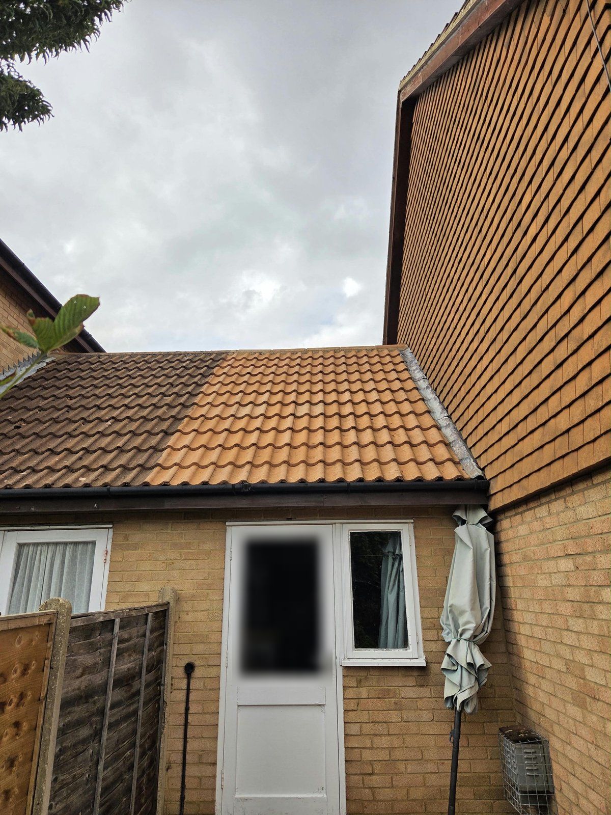 Halfway: the right-hand section of the same roof cleaned to bright orange tiles, beside darker uncleaned tiles on the left