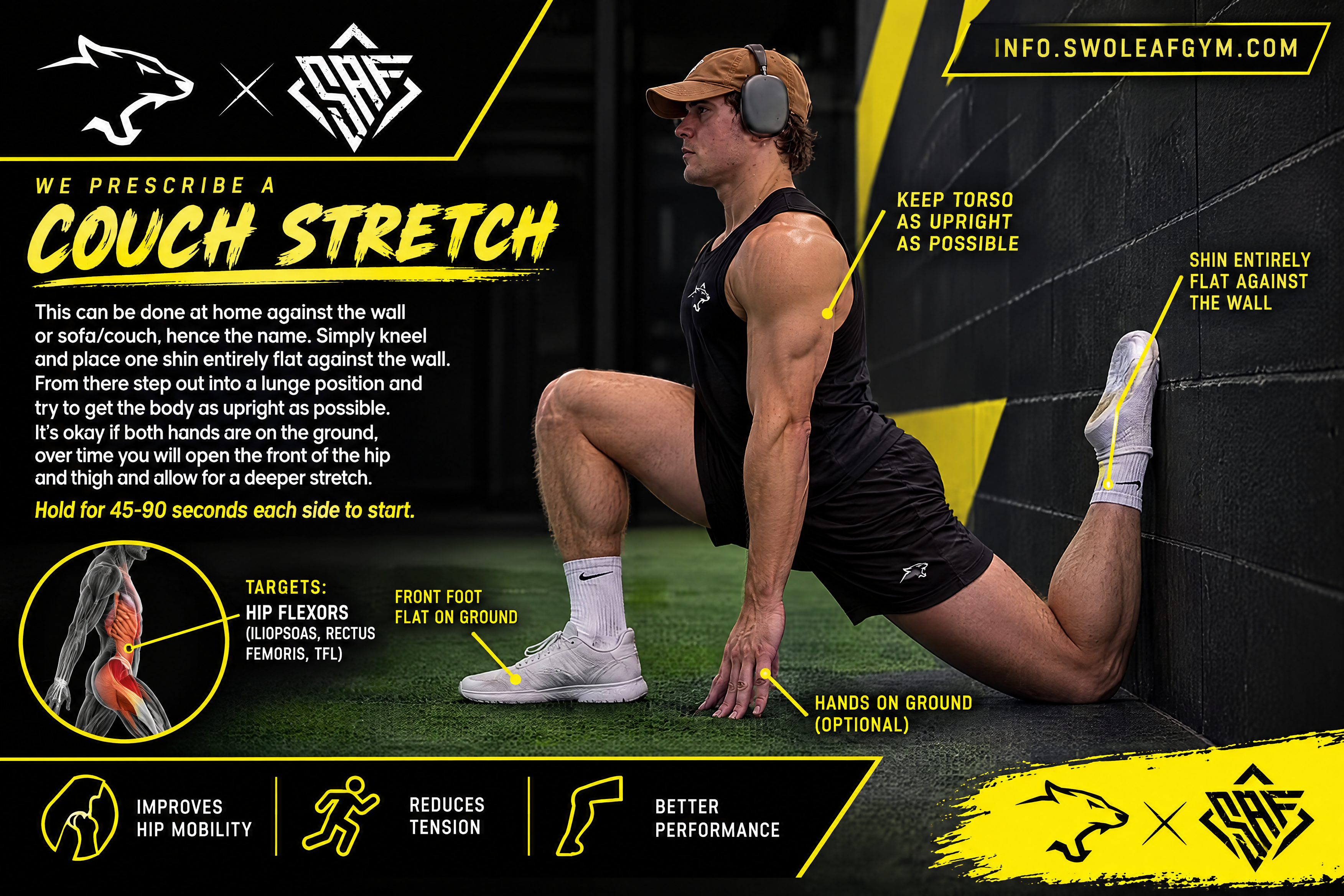 Couch stretch infographic to help target hip flexors