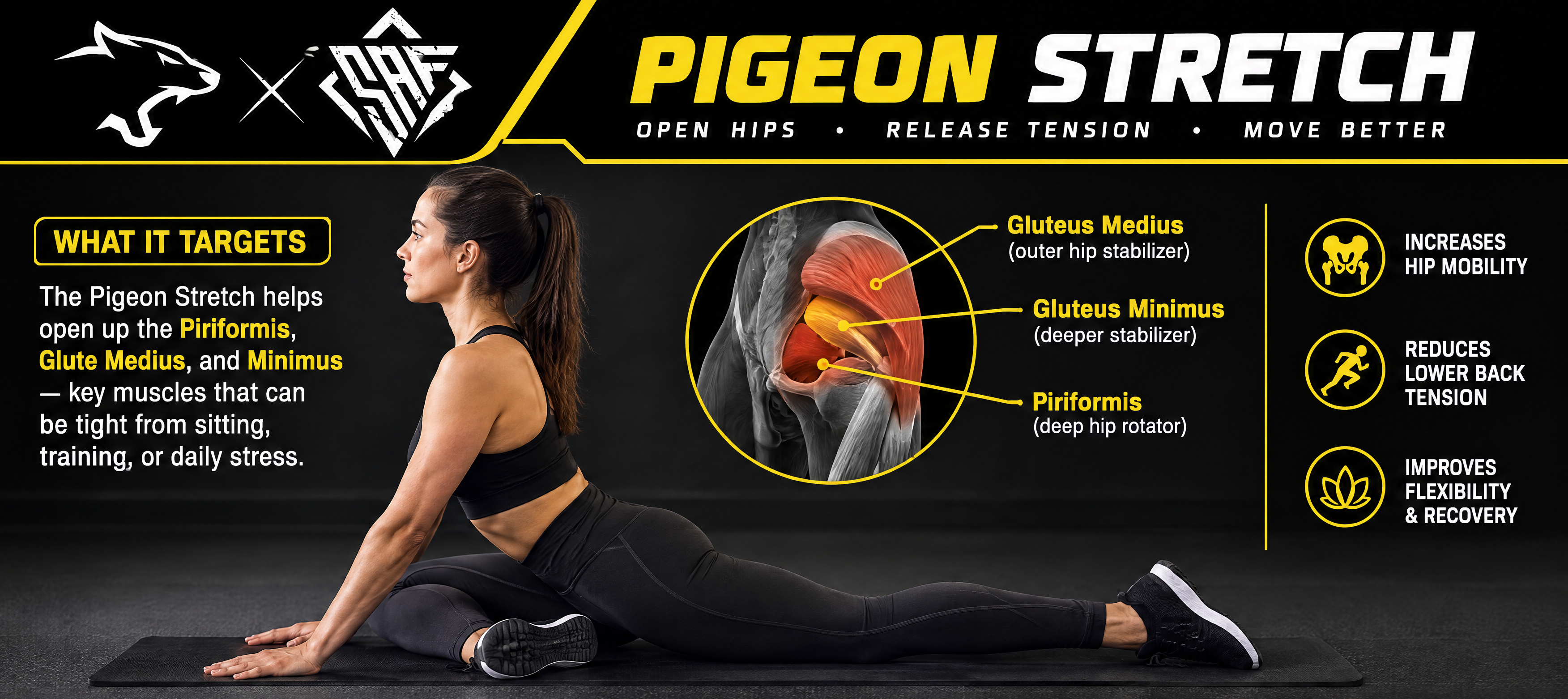 pigeon stretch infographic to help open up hips