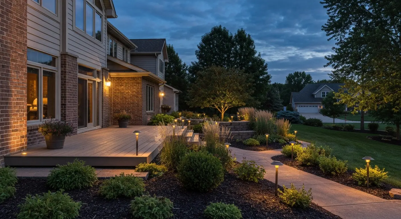 Landscape lighting installation on residential deck