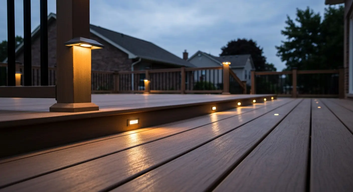 Deck lighting system illuminating outdoor wooden structure