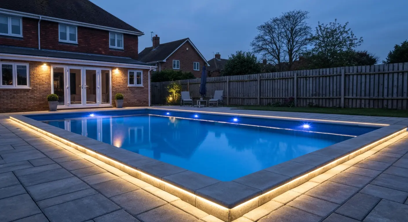 Pool deck lighting installation creating ambiance