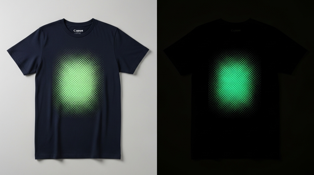 T-shirt with a glow-in-the-dark screen print design shown both in daylight and glowing in the dark, side by side T-shirt with a glow-in-the-dark screen print design shown both in daylight and glowing in the dark, side by side