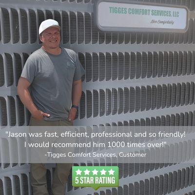 Tigges Comfort Services owner Jason with testimonial and AC install showing logo in the background