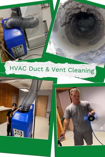 Four Image Collage including Turbojet Duct Vaccum, Rotatry Brush and a dirty duct pipe prior to cleaning