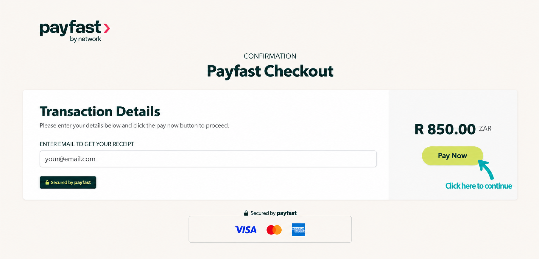 Secure PayFast checkout screen showing the Pay Now button