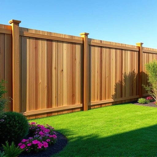 Completed wooden fence installation in Midlothian VA, surrounded by a vibrant lawn and colorful flowers.