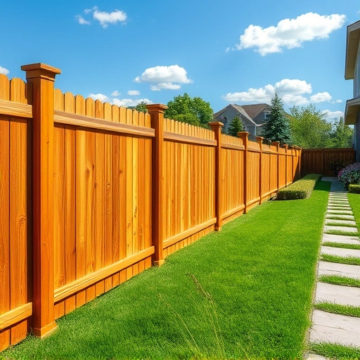 Sturdy wooden fence installation in Midlothian VA, surrounded by green lawn, hedges, flowers, and a blue sky.