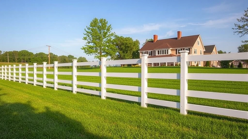 Fencing in Goochland VA with green fields and a clear blue sky in the background.