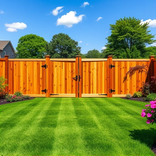 Completed wooden privacy fence in Midlothian VA surrounded by green grass and colorful flower beds under a blue sky.