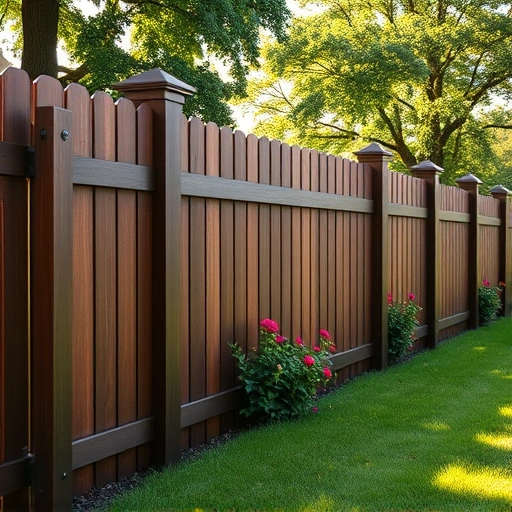Completed wooden fence installation in Midlothian VA with dark-stained timber and decorative post caps in lush garden setting.