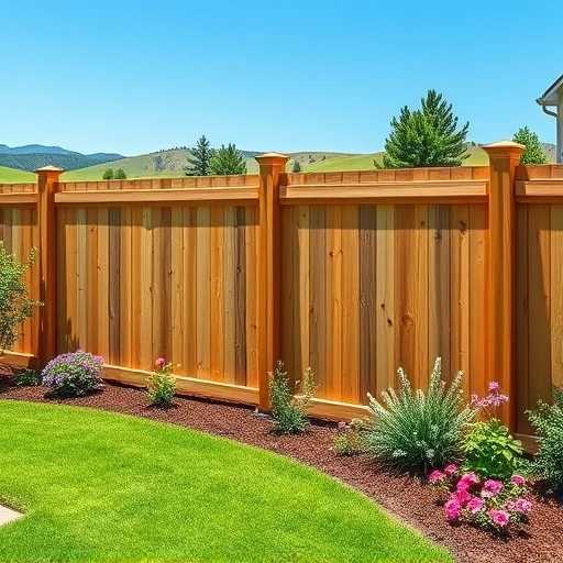 Completed wooden fence installation in Midlothian VA, surrounded by green grass and vibrant flower beds.