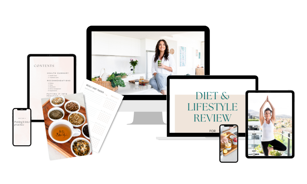 Mockup of personalised Diet & Lifestyle Revamp PDF — includes client-specific nutrition, lifestyle and supplement guidance from Melanie Lansdown
