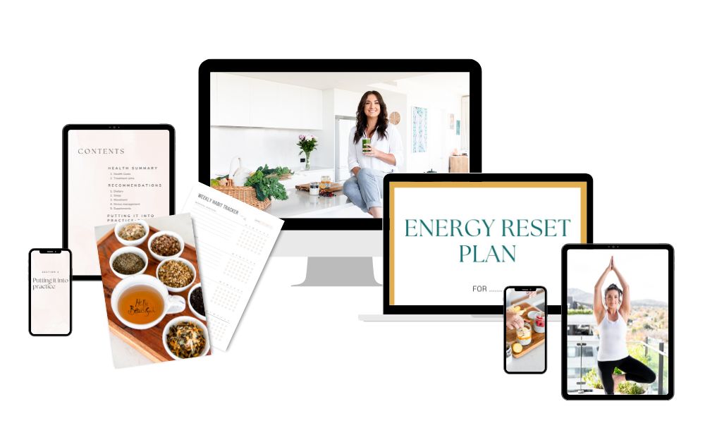 Energy Reset Plan sales funnel mockup showing step-by-step support from Canberra nutritionist Melanie Lansdown, including personalised plan, Q&A call, and follow-up