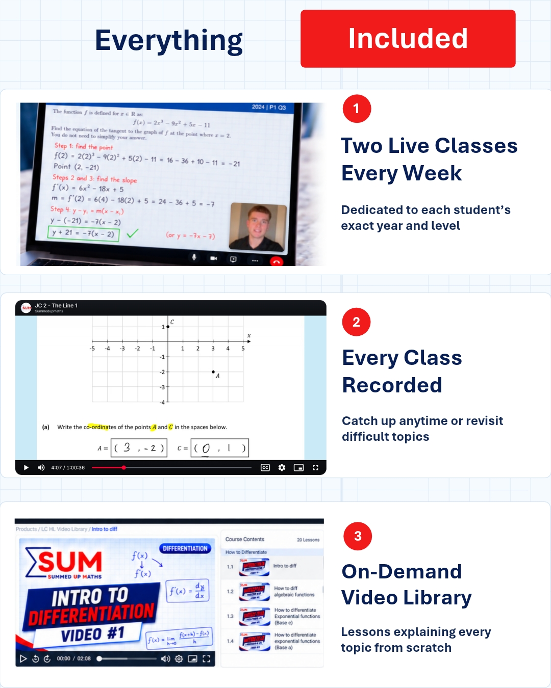 SUM includes two live Maths classes every week, worksheets and solutions, topic videos and exam resources