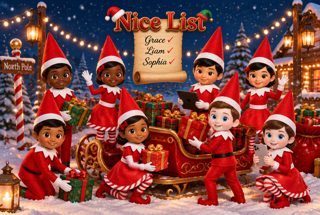 Nice List Elves celebrating with Santa's sleigh and scroll