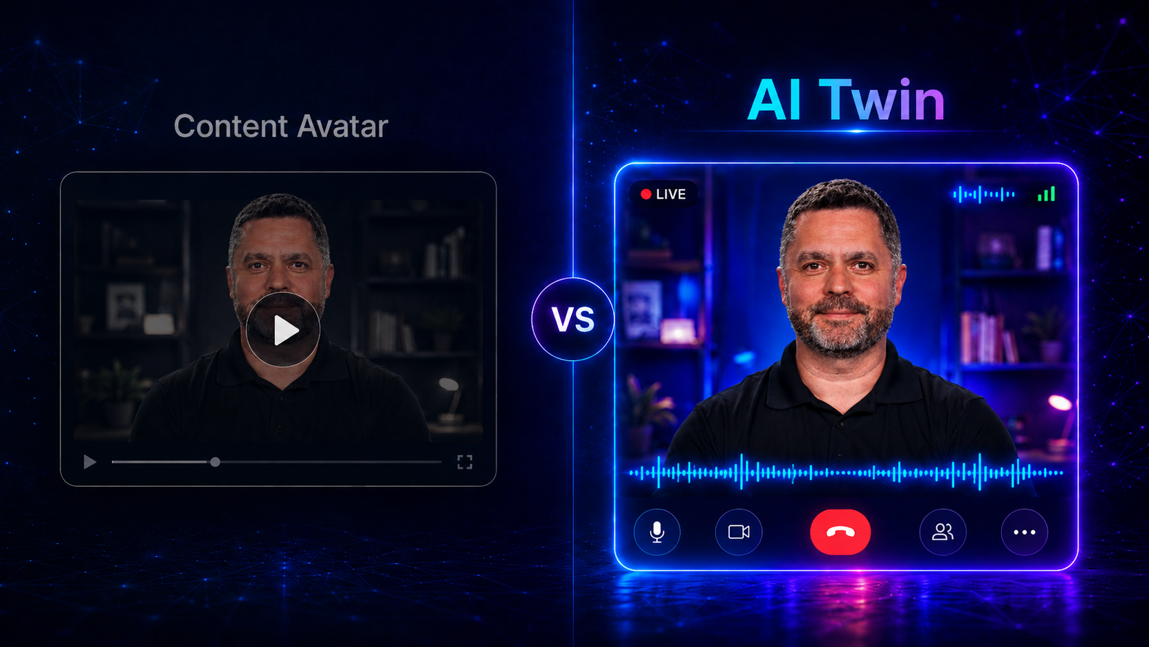 Content Avatar vs AI Twin, side by side comparison showing static video player versus live real-time conversational AI