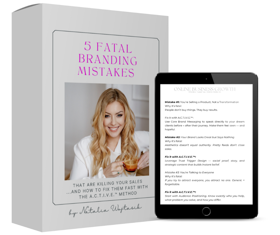 5 Fatal Branding Mistakes' by Natalia Wojtasik – a free branding guide for online business owners, showing cover with photo of smiling blonde woman holding tea and tablet screen with tips on branding mistakes and A.C.T.I.V.E. method.