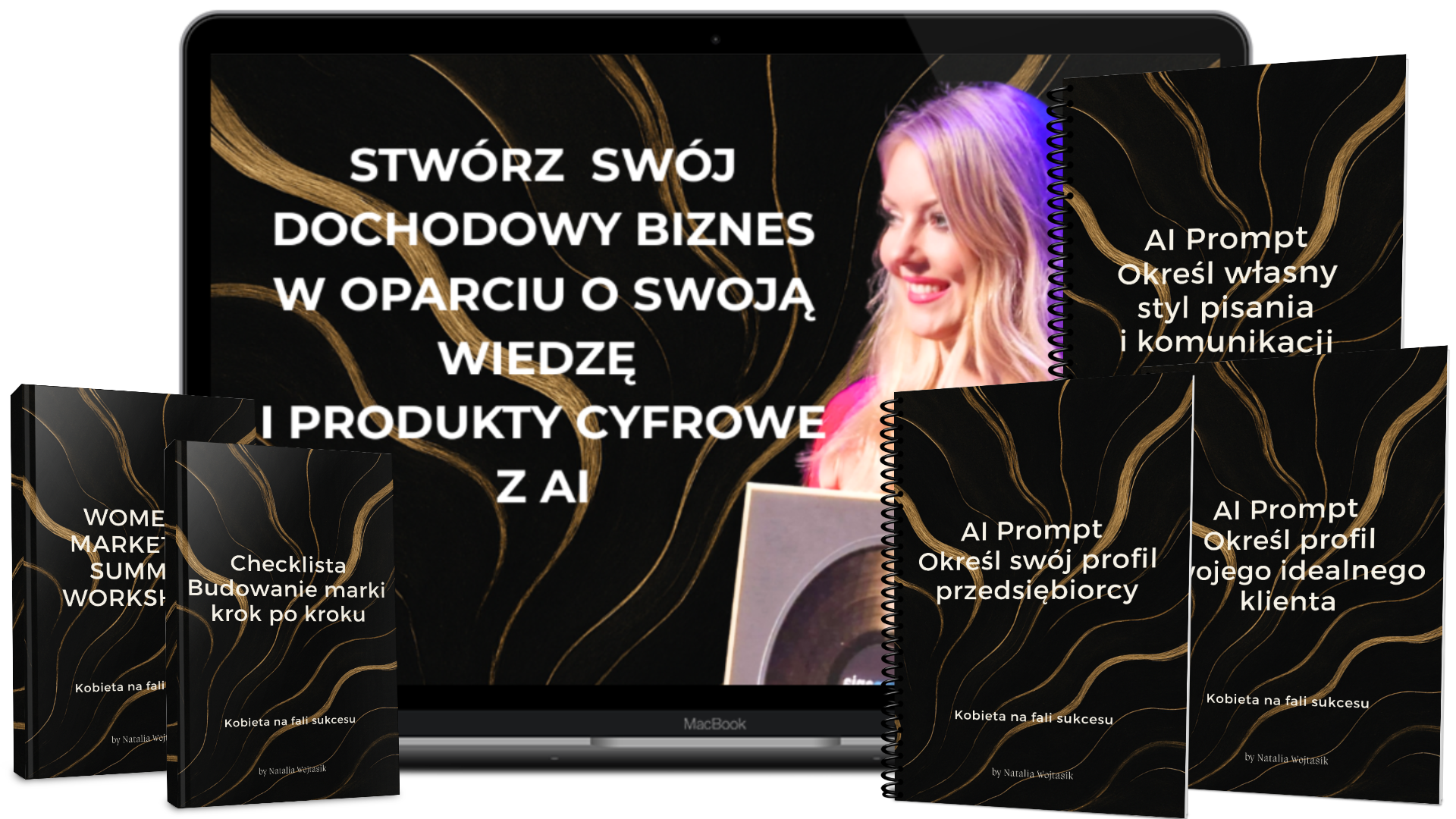 Zestaw materiałów szkoleniowych „Women's Marketing Summer Workshops” na ekranie laptopa i w formie ebooków, wraz ze zdjęciem blondynki prowadzącej – program marketingowy dla kobiet z AI promptami i checklistami.