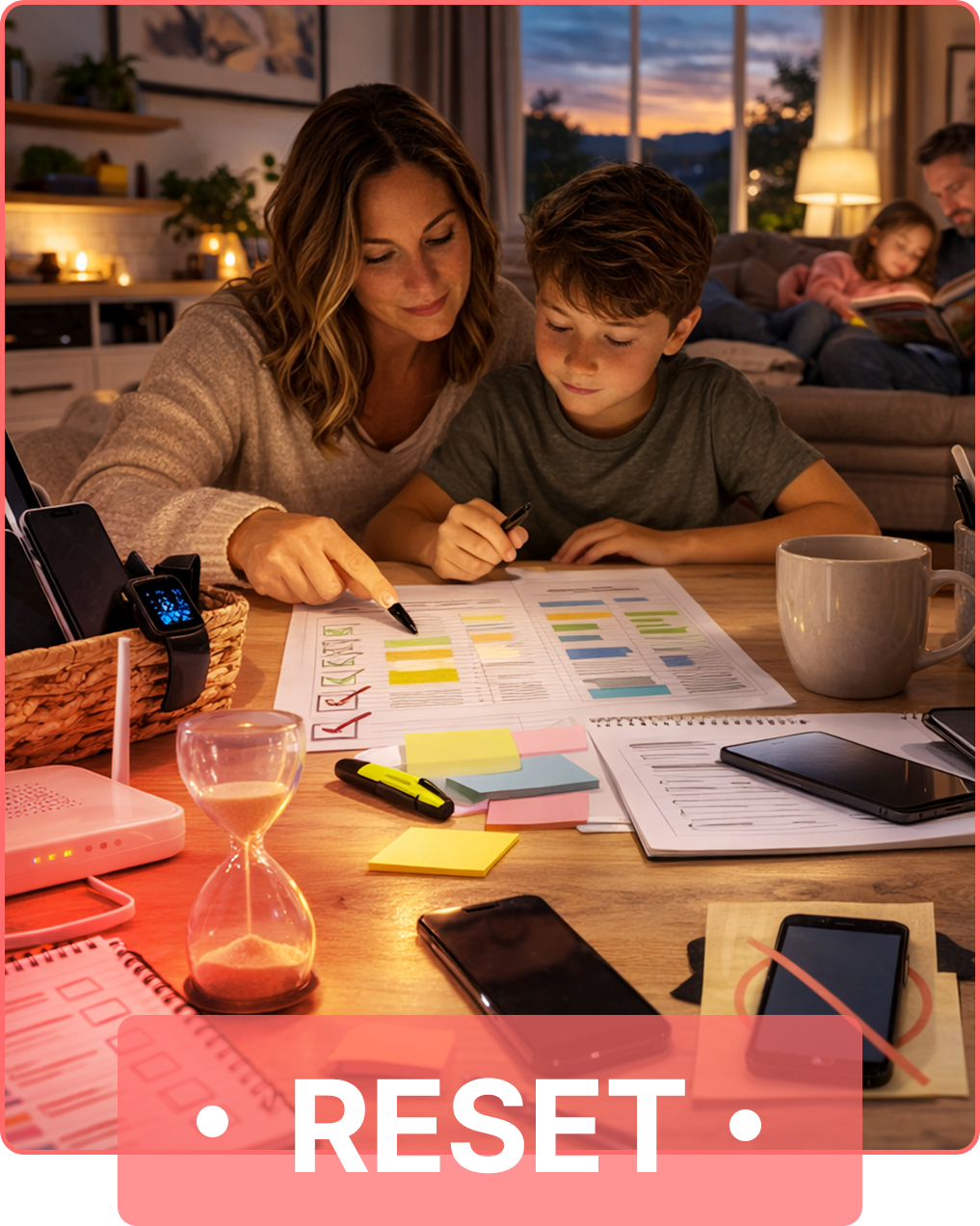 A mom and her son colouring together at the table