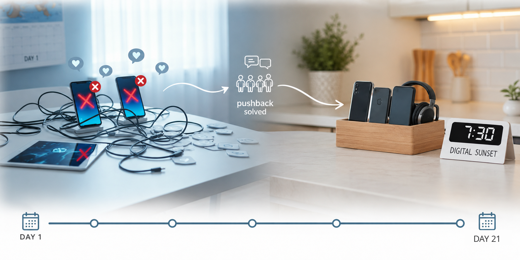 Day 1 to Day 21: tangled devices become a tidy charging station with a digital sunset clock