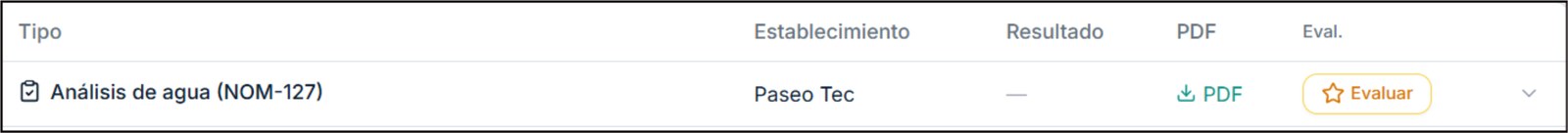 Servicio en el historial del Portal: análisis de agua NOM-127 con su reporte en PDF